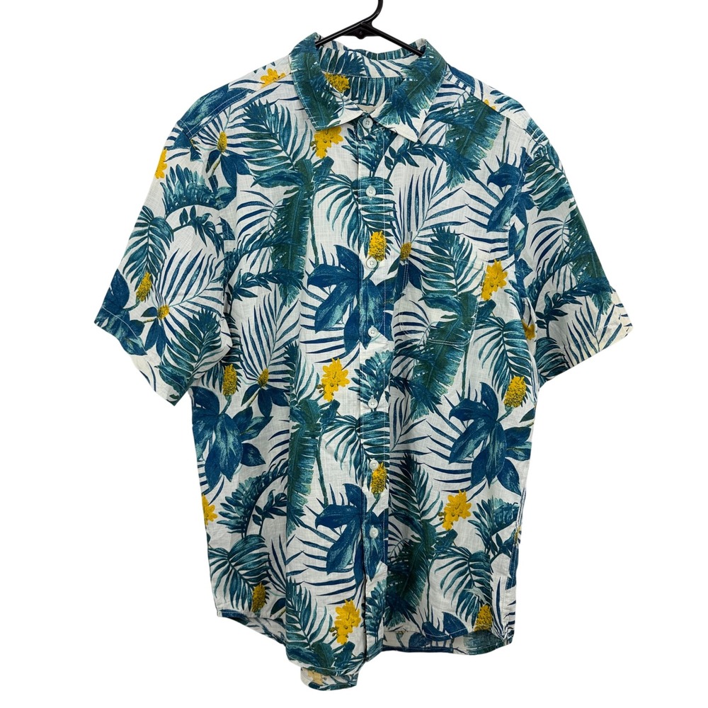 Tommy Bahama Shirt Mens Large White Tropical Palm Leaf Print Short Sleeve Cotton